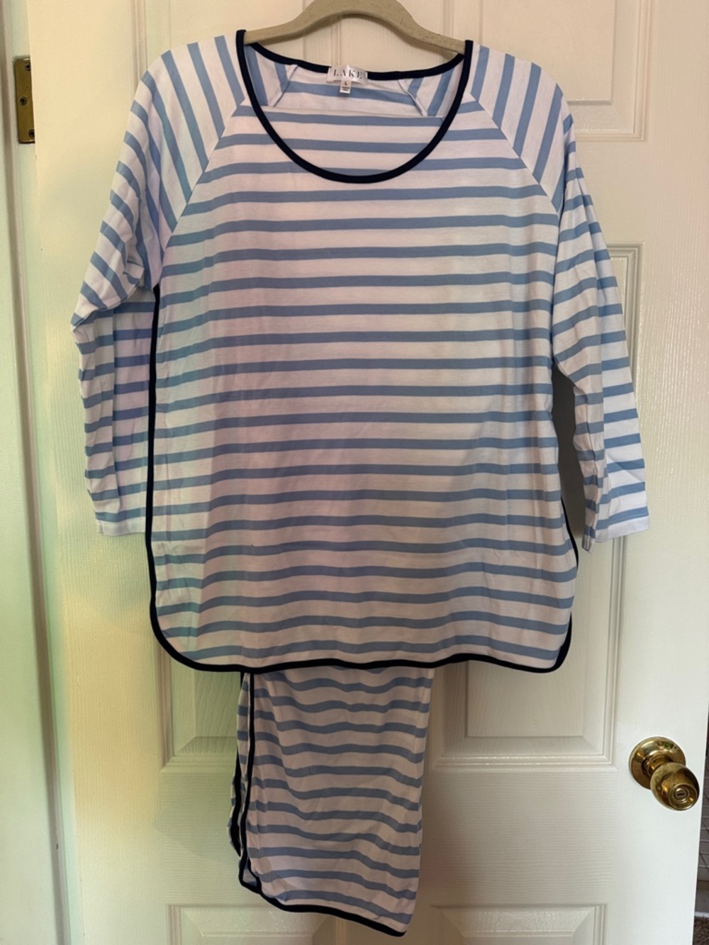 NWOT Lake Pajamas: Pima Long-Long Set in Hydrangea & Navy - Picture 6 of 11